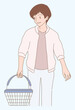 Young man holding empty shopping basket, going to the supermarket. Hand drawn flat cartoon character vector illustration.
