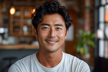 Wall Mural - Smiling asian man close-up portrait, blurred kitchen background