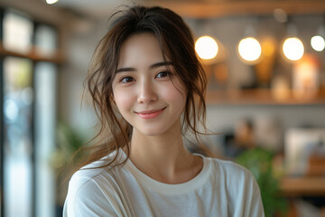 Sticker - Close-up portrait of natural looking Asian woman with a smile on her face, set against a blurred background