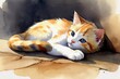 Watercolor of a cute kitten stretching lazily in a sunbeam, its tail curled in satisfaction