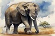 Watercolor of elephant lumbering through the savannah, its massive feet stirring up clouds of dust.