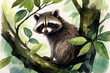 Watercolor of raccoon tiptoeing along a tree branch, its masked face peeking out from behind leaves