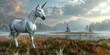 Mythical white Unicorn posing in an enchanted forest A unicorn canters through
