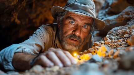 An old man wearing a hat and rough clothes is crawling through a dark cave. He is holding a candle in one hand and a pickaxe in the other. He looks tired and determined.