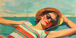 woman lying on a towel, sunbathing with sunglasses on and a hat resting on her chest