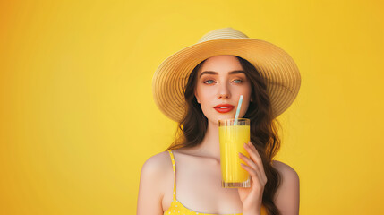 Portrait of a beautiful woman wearing a summer hat drinking fresh orange juice, summer-themed designs, copy space