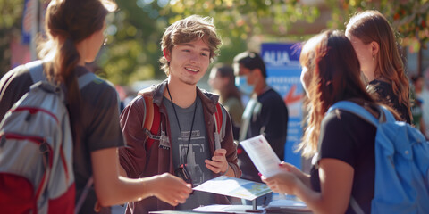 Mental health awareness campaign booth at a college campus, with volunteers handing out informational brochures and talking to students.