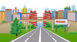 View to highway leading to a modern city with a crossroad bridge over it. Welcome banner in the foreground. Vector illustration.