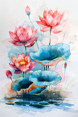 Wall Mural - Watercolor painting of lotus in water.