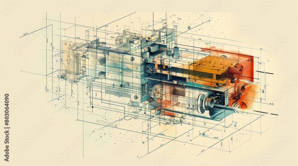 Abstract technical drawing of a complex mechanical system with exploded ...