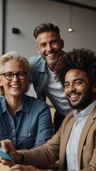 a picture of a diverse group of office colleagues smiling together at a team-building workshop event, showcasing inclusivity and camaraderie.