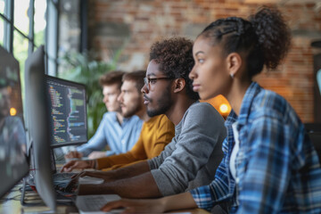 A group of developers men and women working together to program an e-commerce website.