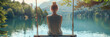 © S photographer - Rear view of woman sitting on a swing hanging from a tree At the lake in the forest.
