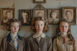 A series of framed photographs on a wall, each depicting a different generation of women at the same age,
