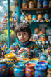 A child in a craft room, concentrating on decorating a pottery vase with colorful paints and markers to give to their mom,