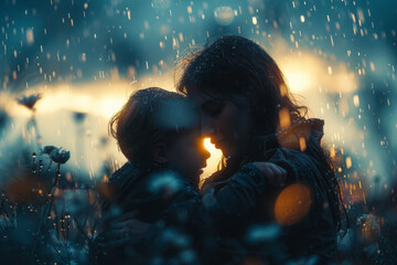 Aufkleber - A comforting scene of a mother hugging her child during a thunderstorm, providing a sense of safety amidst flashes of lightning,