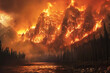 Dramatic image showing a large wildfire consuming a forested mountain range. Smoke and flames all around. Concept natural disaster