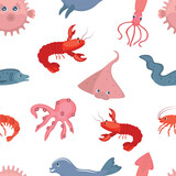 Fototapeta Dinusie - Fish characters pattern, on the theme of sea, travel, sushi food. Shrimp, squid, octopus, eel fish, dolphin, stingray, crayfish, crab, sea bladder fish. Vector illustration on a white background.