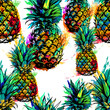 Multicolor pineapple and splashes of paint - Seamless pattern, realistic sketch, vintage style, vector botanical seamless background