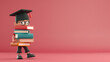 copy space, 3D render of a cartoon character student wearing a graduation hat holding books, detailed illustration, professional color grading. Young graduated student. Education theme.
