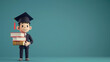 copy space, 3D render of a cartoon character student wearing a graduation hat holding books, detailed illustration, professional color grading. Young graduated student. Education theme.