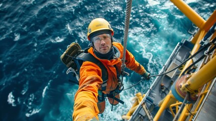 Inspection engineer rappels down a rotor blade of offshore wind turbine