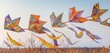 A series of colorful, hand-painted kites soaring against a backdrop of a clear, cerulean sky background.