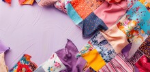 A Vibrant, Patchwork Quilt Of Various Fabric Textures And Patterns Spread Out, With The Corners Curling Playfully, Against A Soft, Lavender Background.