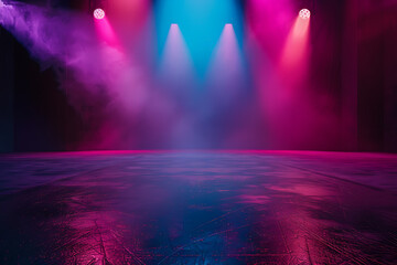 Dancing floor with colorful lights on dark background, empty stage for product presentation, concert or party. Abstract night club studio room.