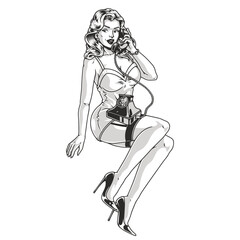 Poster - Girl with phone monochrome pin-up