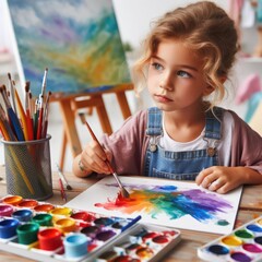 a kid artist paints a picture isolated on a white background copy space