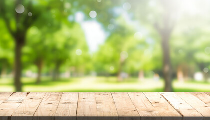 Nature background, Wood table for food and product display over blur green tree garden, Blur park nature outdoor and wood table with bokeh light background in spring and summer