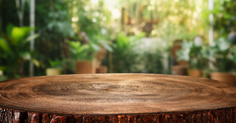 Wall Mural - Wooden board empty table background. defocussed sunny room interior