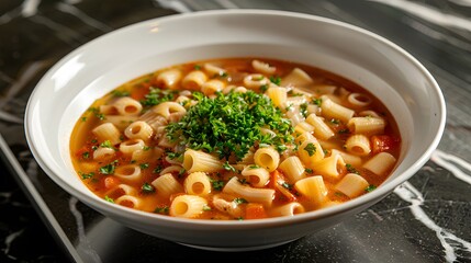 a comforting bowl of pasta e fagioli, with the soup and pasta details sharply captured in the center