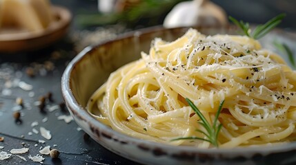 Delicious close-up of a plate of creamy white pasta with sliced mushrooms and grated cheese, a classic Italian meal