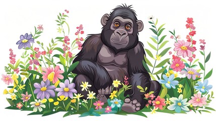 Wall Mural - cartoon gorilla with flowers on a white background