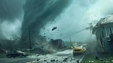 Wall Mural - Cars and Houses in huge tornado