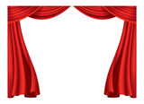 Fototapeta Las - Red curtains realistic. Theater fabric silk decoration for movie cinema or opera hall. Curtains and draperies interior decoration object. Isolated on transparent for theater stage