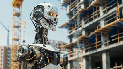 Canvas Print - Advanced robot with a humanoid head on a construction site, featuring intricate mechanical details.