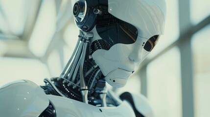 Canvas Print - Close-up view of a futuristic robot with a highly detailed, glossy white head and sophisticated mechanical neck.