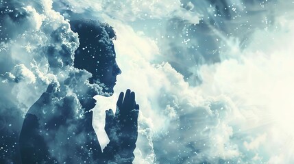 double exposure of praying man and cloudy sky with light faith and spirituality concept digital illustration