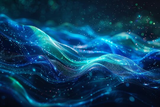 abstract black blue and green wave with glitch effect and bright light