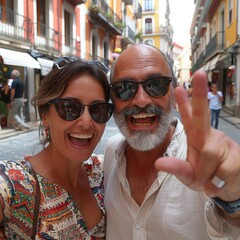Wall Mural - A happy middle-aged couple taking a selfie in the center Madrid, on a sunny day