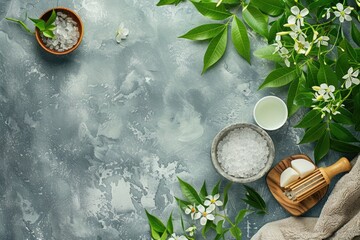 A spa display with bath salts, green leaves, and white flowers