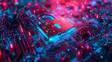 Canvas Print - Detailed close-up of a vibrant circuit board with a central padlock symbol highlighting cybersecurity.