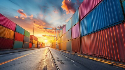 Sticker - Colorful cargo containers stacked along an empty road under a sunset sky with industrial cranes.