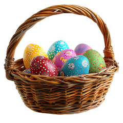 Easter eggs on basket on isolated transparent background