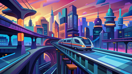 Wall Mural - Futuristic Cityscape with Monorail at Dusk: Vivid Urban Skyline