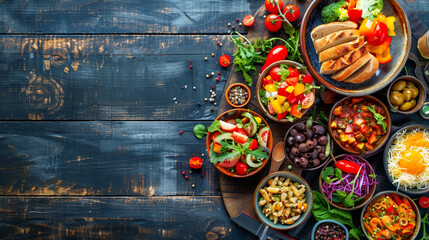 Wall Mural - Different colorful meals on dark wooden table