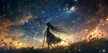 Anime Girl With A Sword Where Stars Look At The Countless Night Sky